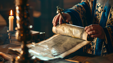 Jewish man reading Torah scroll at synagogue, surrounded by religious symbols and sacred texts.