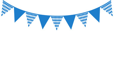 Triangular blue and white flags with blue diamonds on a transparent and white background. Garland of festive flags hanging on a ribbon. Father's Day and Oktoberfest. Vector flat illustration.