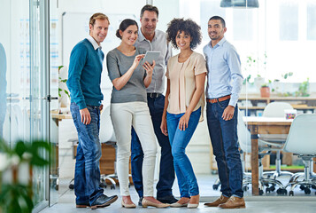 Poster - Business people, teamwork and group on tablet in office for job workflow or management in portrait. Human resources employees on digital technology for about us, diversity and internship opportunity