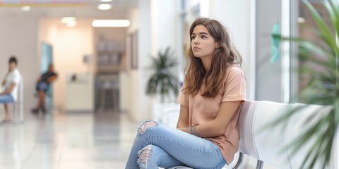 A woman sits in a lobby, looking anxious and preoccupied while waiting, dressed casually with ripped jeans. The waiting area appears modern and minimalistic.