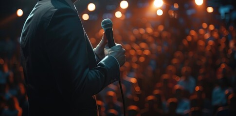 Close up of a man in suit holding a microphone in conference hall