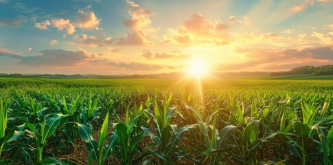 Sunset over corn field with blue sky and clouds