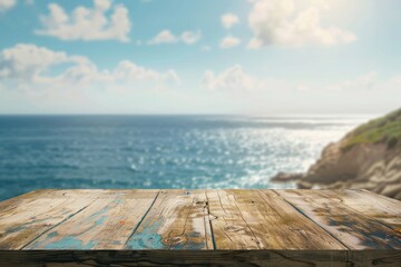Wall Mural - Wooden table with blurred background of sea and sky.
