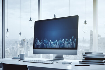 Wall Mural - creative abstract micro chip hologram on modern computer monitor, artificial intelligence and machin