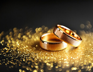 Wall Mural - Golden wedding rings gleam against a black backdrop, with gold dust