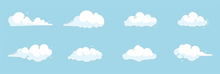 vibrant set of eight cartoon-style cloud illustrations on a blue background, adding a fun and whimsi