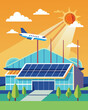 © Justlight - The airports hangars may be massive but they are powered by a seemingly endless supply of energy harnessed from the countless solar panels on their roofs.. Vector illustration