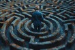 © Larisa AI - A man in a suit stands perplexed in the center of a complex, circular stone maze, evoking concepts like choices and decisions
