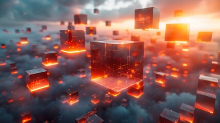 Canvas Print - stunning visual of abstract cubes with a fiery core floating in a digital space with a red and orang