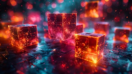 Canvas Print - abstract concept of glowing neon cubes in a dark space with bokeh lights and futuristic feel