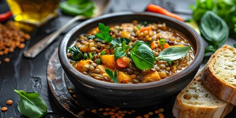 Canvas Print - Closeup of Asian dish with bread green leaves lentils and vegetables. Concept Food Photography, Asian Cuisine, Closeup Shots, Fresh Ingredients, Vegan Recipes
