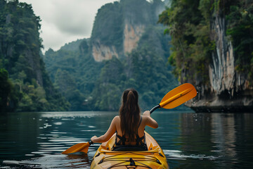 young woman sailing a kayak on a picturesque landscape in the sea, active sport and lifestyle