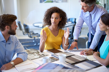 Poster - Creative, team and business people with leader for training, coaching or brainstorming in startup. Group, planning and discussion for strategy, project and solution of interior designer in meeting