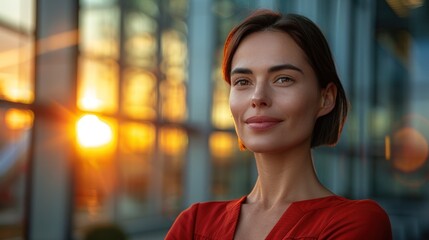 Wall Mural - A woman in a red shirt looks confidently at the camera, with the setting sun creating a warm glow in the background