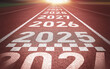 © Midnight Studio - Start of new year. Changes of year 2025, 2026, 2027 on Running track. Concept of new ideas starting in new year, planning along with setting objectives to set KPI goals for success in life.