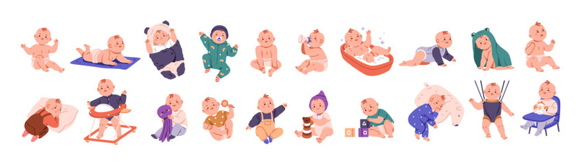 baby life set. early childhood development. cute infant activities. little child bathing, crawling, 
