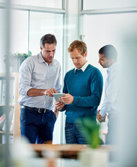 Leinwandbilder - Teamwork, people and planning in office with tablet for schedule, strategy or collaboration with tech. Business, workplace and corporate digital marketing group with ideas for innovation in Sweden.