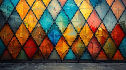 An abstract glass facade with a geometric design and a kaleidoscope of colors reflects the urban environment