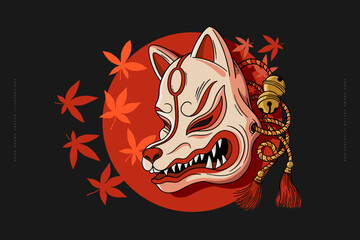 japanese kitsune mask with a grin. fox, demon. mystical character. vector illustration on a dark bac