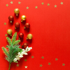 Wall Mural - festive xmas decoration with toys. empty space for copy space. square, flat lay, top view. new year 