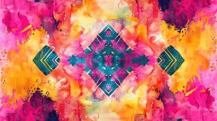 Abstract tie dye pattern with geometric design on pink background in modern watercolor art style
