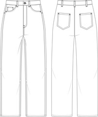 Wall Mural - Baggy fit comfort jeans. Regular fit trousers. Unisex casual wear. Vector technical sketch. Mockup template.
