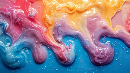 Wall Mural - abstract macro shot of swirling colorful paint blending into a vivid marbled effect on canvas