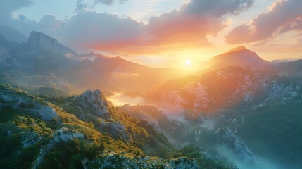 Poster - Mesmerizing Sunrise Over Majestic Mountain Peaks in Serene Landscape