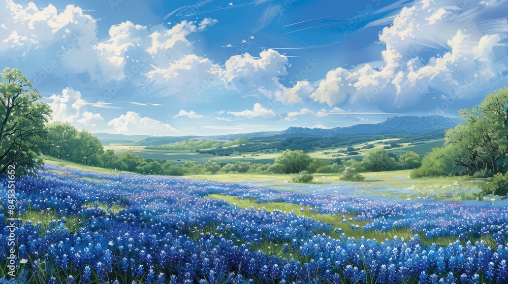 Expansive field of bluebonnets, each flower vividly detailed, creating a sea of blue and green under a bright sky