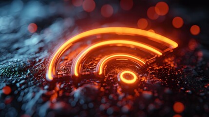Canvas Print - futuristic neon wi-fi icon glowing on a dark, wet surface with bokeh light effects, symbolizing conn