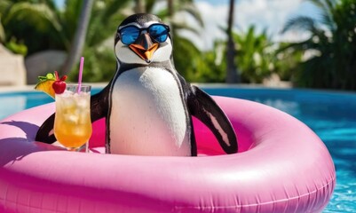 Wall Mural - A funny penguin with a cocktail, relaxing on a pink inflatable ring in a pool, wearing sunglasses and exuding summer vibes. Close-up shot with copy space, ideal for vacation and summer holiday themes.