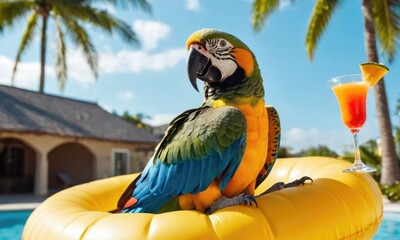 Wall Mural - Parrot Ara enjoying summer vibes on a yellow inflatable ring in a pool, sipping a cocktail . Close-up with copy space, perfect for vacation and holiday themes.