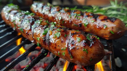 Wall Mural - Glistening sausages cooked on a grill, with herbs sprinkled on top, showcasing an appealing barbecue scene