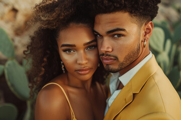 Young couple posing elegantly outdoors