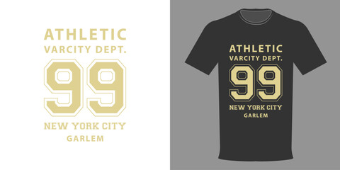 Wall Mural - Vector illustration of T-shirt VARCITY DEPARTMENT, ATHLETIC, NEW YORK, HARLEM. Vintage print, hoodie. Typographic template for printing on clothing