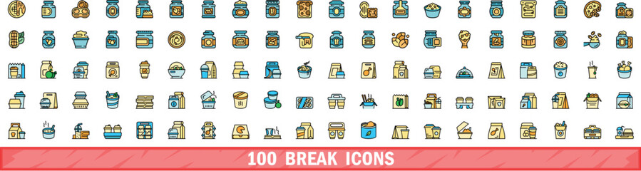 Wall Mural - 100 break icons set. Color line set of break vector icons thin line color flat on white