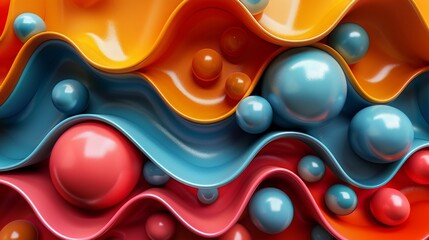 Wall Mural - this image presents a dynamic wavy abstract landscape rendered in vivid orange, red, blue, and yello