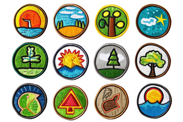 set of colorful embroidered patches with nature and outdoor themes including trees, sun, and clouds.