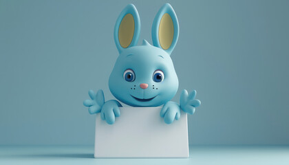 Wall Mural - Adorable Blue Bunny with Big Ears and Cute Smile Holding Blank White Sign on Light Blue Background for Easter, Children's Celebrations, Invitations, and Greeting Cards Colorful and Playful Design