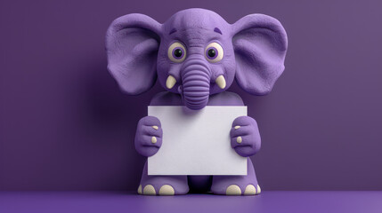 Wall Mural - Adorable Purple Cartoon Elephant Holding Blank Sign Against Purple Background for Customizable Messages