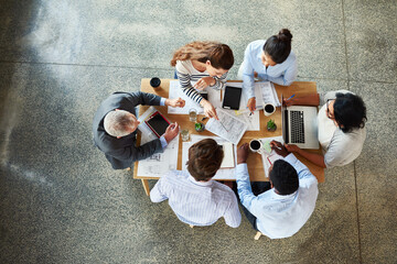 Poster - Top view, business people and ideas in meeting, teamwork and cooperation with collaboration. Group, staff and employees with paperwork, technology or portfolio with project, planning or brainstorming