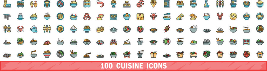 Sticker - 100 cuisine icons set. Color line set of cuisine vector icons thin line color flat on white