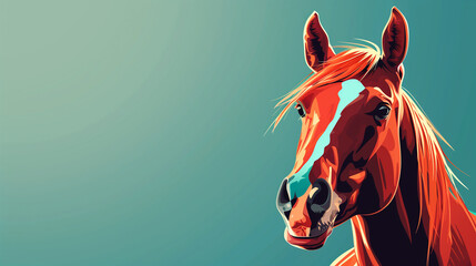 Wall Mural - Chestnut red white horse on blue background. Banner with copy space