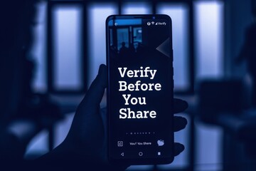 A hand holds a smartphone with a blue screen displaying the message Verify Before You Share.