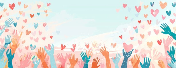 Wall Mural - A pastel-themed vector background for International Day of Friendship with joined hands and heart symbols, leaving space for text