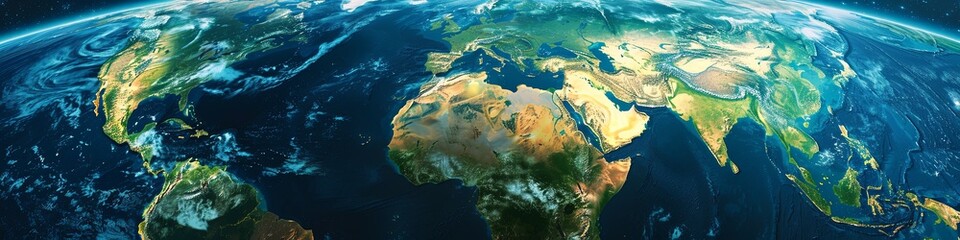 Flat view of the Earth from space. Detailed physical map of the world on global satellite photography. Panoramic map. 