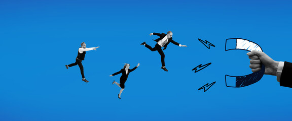 Contemporary art collage. Office workers flying to magnet in hand against blue background. Human recourses. Concept of business, acquisition, retention, merger, partnership, office.