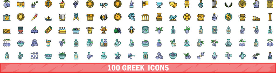 Sticker - 100 greek icons set. Color line set of greek vector icons thin line color flat on white