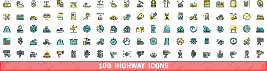 Sticker - 100 highway icons set. Color line set of highway vector icons thin line color flat on white