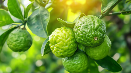 Bergamot kaffir lime fruit on branch tree in garden